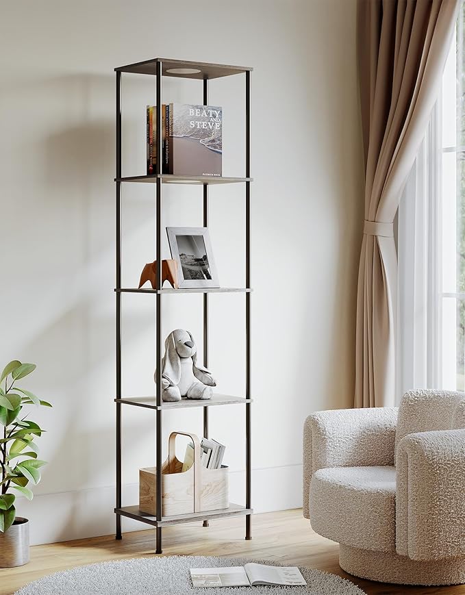 Display Shelf with RGBW Light, Color Changing Curio Cabinet Floor Lamp with Shelves Corner Standing Column Lamp Etagere Organizer Tower Nightstand Bookcase for Living Room Bedroom Office Décor, Gray