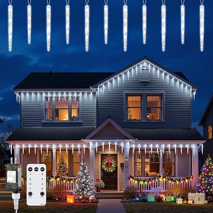 Brightown Icicle Lights Outdoor 20ft with Remote - 20 Tubes 100 LED Iced Tube Christmas Lights, Waterproof Icicle Decor Outdoor Indoor for Tree Patio Roof Holiday Decor, Cool White
