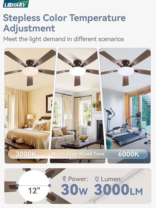 60 Inch Ceiling Fan with Lights and Remote, 30W 12" LED Panel Flush Mount Ceiling Fan, 6-Speed Quiet DC Motor Modern Low Profile Ceiling Fan with Reversible Blades for Bedroom, Living Room, Patio