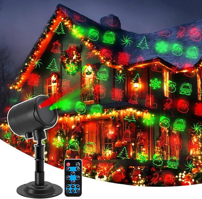 Christmas Laser Projector Lights, 10 Patterns Moving Red Green Outdoor Garden Waterproof Decorative Starry Lights Projector with RF Remote for Holiday Party Indoor Decoration Home Decor