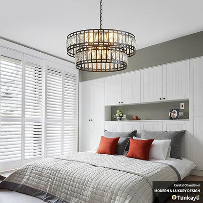 24" Modern Crystal Chandelier 8-Light Drum Large Glass Chandelier 2-Tier Round Black Design Luxury Elegant Lighting Fixture for Dining Room, Foyer, Living Room, Bedroom, Kitchen