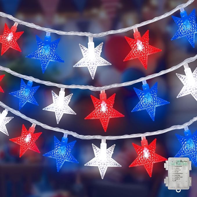 LAMPHOME Red White Blue Star LED String Lights, 20 LED Star Fairy Lights with Clear Wire, 3AA Waterproof 8 Modes, Decorative Lights for 4th of July Patriotic Christmas Easter Tree Party