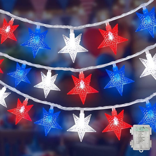 LAMPHOME Red White Blue Star LED String Lights, 20 LED Star Fairy Lights with Clear Wire, 3AA Waterproof 8 Modes, Decorative Lights for 4th of July Patriotic Christmas Easter Tree Party