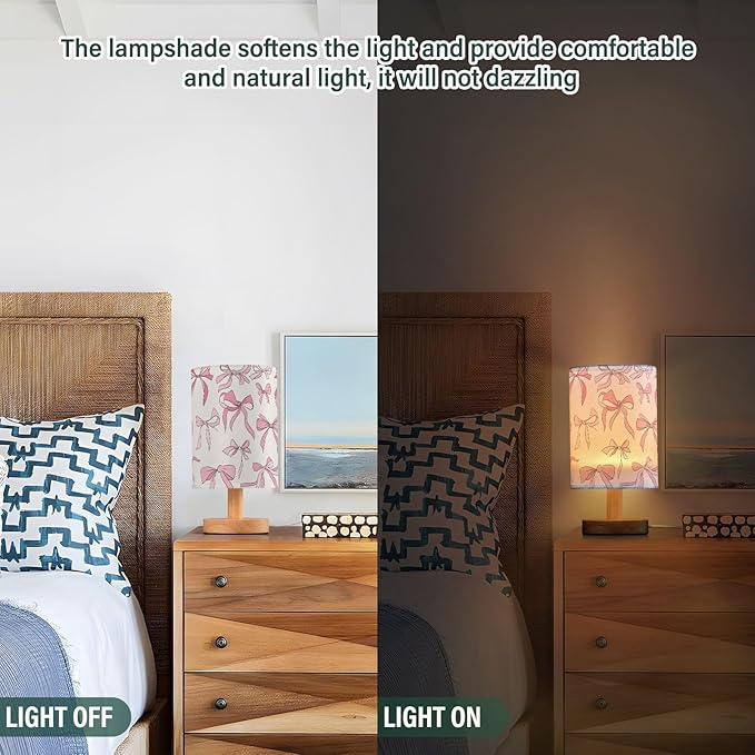 Bedside Table Lamp Pink Bow Nightstand Lamp with Wood Desk Lamps for Bedroom Living Room Nursery Office Home Decor