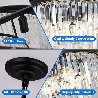 31'' Modern Crystal Chandelier, Black Round Ceiling Light with Clear Prisms, Luxury Flush Mount Lighting Fixture for Dining Room Bedroom Foyer