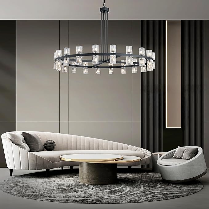 48" Black Wagon Wheel Crystal Chandelier, Modern Round Chandelier for Dining Room Table, K9 Crystal Ceiling Chandelier for Living Room Entryway Foyer, Includes 40× G4 Bulbs