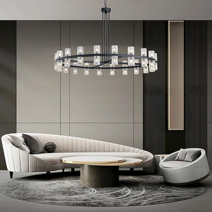 48" Black Wagon Wheel Crystal Chandelier, Modern Round Chandelier for Dining Room Table, K9 Crystal Ceiling Chandelier for Living Room Entryway Foyer, Includes 40× G4 Bulbs