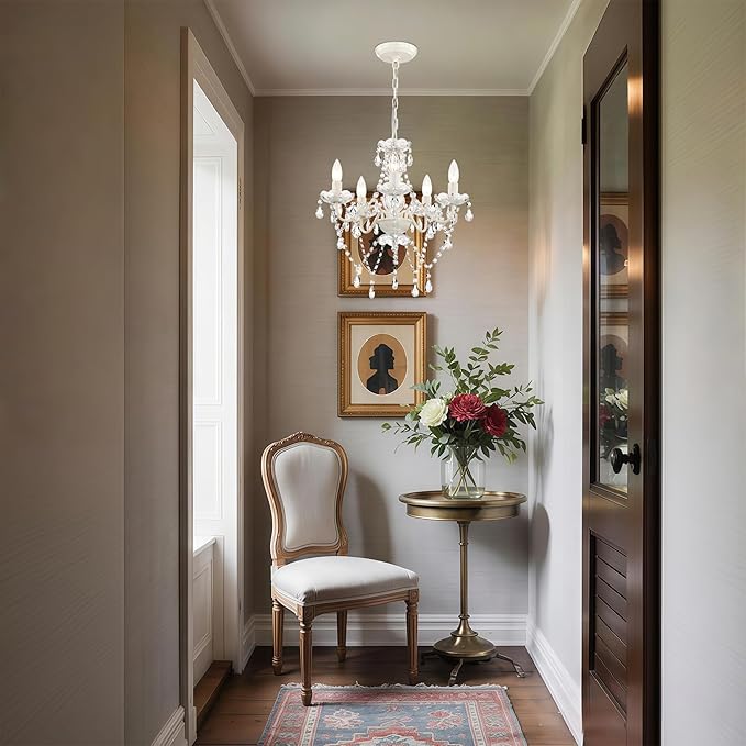 Small White 5-Light Crystal Chandelier, Modern Glass Chandelier Lighting Fixture, Small Chandelier for Bedroom, Dining Room, Living Room, Kitchen, Foyer, Girls Room Ceiling Light