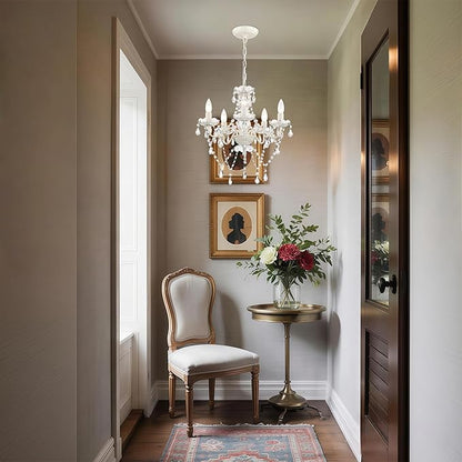Small White 5-Light Crystal Chandelier, Modern Glass Chandelier Lighting Fixture, Small Chandelier for Bedroom, Dining Room, Living Room, Kitchen, Foyer, Girls Room Ceiling Light