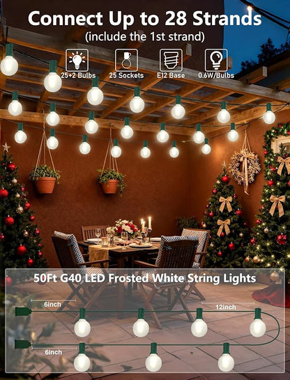 G40 LED Christmas Lights Outdoor-50FT Globe Christmas String Lights with 27 LED Frosted White Bulbs for Backyard Bistro Porch Deck Balcony Christmas Decorations