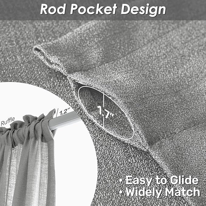 Melodieux Grey Semi Sheer Curtains 96 Inches Long for Living Room, Bedroom Faux Linen Texture Farmhouse Rod Pocket Shiny Sheer Curtains Drapes Light Filtering, 52" W x 96" L, 2 Panels