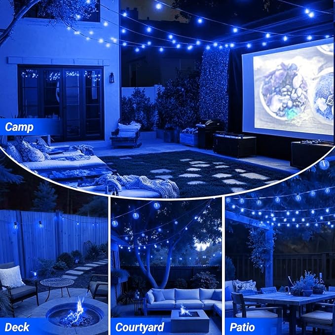 LAMPHOME LED Outdoor String Lights, 4 Pack 26FT Patio Lights with 12+1 Edison Shatterproof Bulbs(1 Spare), UL Waterproof Connectable Dimmable Outside Lights for Hanukkah, Backyard Porch Decor, Blue