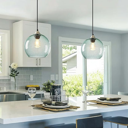 Large Light Green Glass Pendant Light for Kitchen Island, Includes 1 Bulb & 4.92FT Adjustable Cord, Modern Ceiling Pendant Lights for Kitchen, Dining Room, Living Room (9.1in)