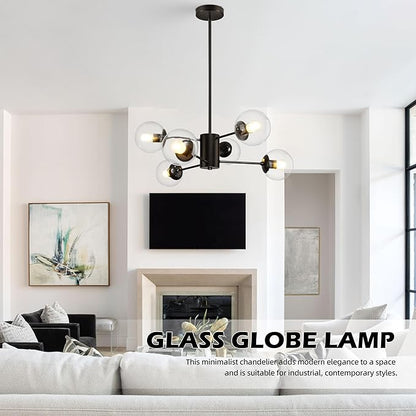 Bagood 6-Light Globe Sputnik Chandelier Modern Black Sputnik Chandelier Mid Century Pendant Light Matte Black Finished with Clear Globe Glass Lampshade Chandeliers for Dining Room Kitchen