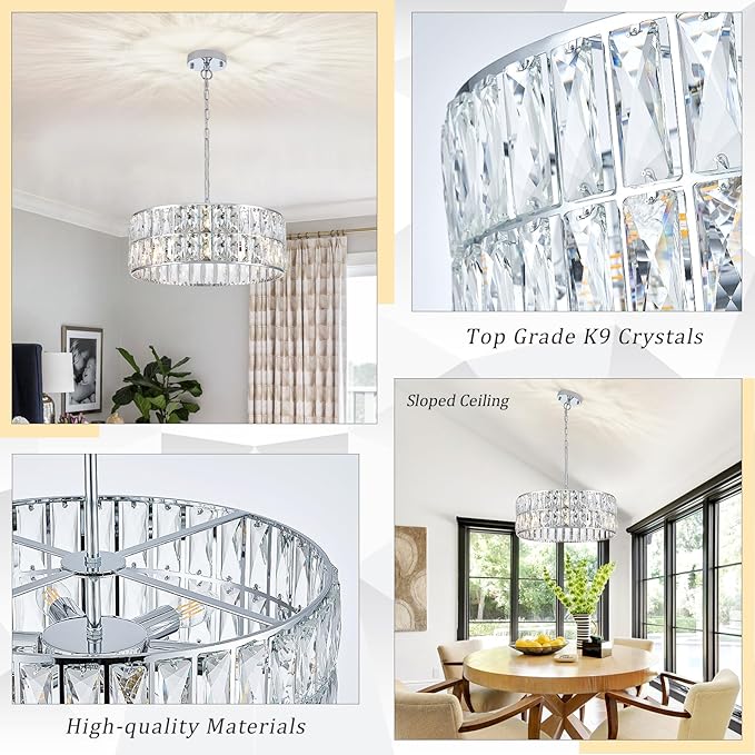 CATINER Modern Crystal Chandelier 18”Chrome Semi Flush Mount Ceiling Light Fixtures 6-Lights Drum Crystal Pendant Lighting for Dining Room Foyer Bedroom Living Room