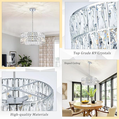 CATINER Modern Crystal Chandelier 18”Chrome Semi Flush Mount Ceiling Light Fixtures 6-Lights Drum Crystal Pendant Lighting for Dining Room Foyer Bedroom Living Room
