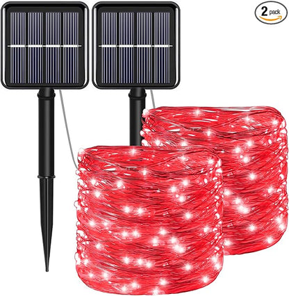 Red Solar Christmas String Lights Outdoor Waterproof, 2Pack Total 200Led 8 Modes Copper Fairy Lights, Solar Powered Outside Decorations for Valentines Day, Garden, Patio, Fence, Balcony