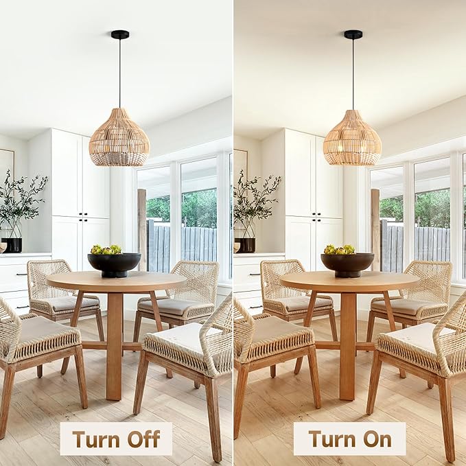 Boho Pendant Lights Kitchen Island 14.6in White Rattan Chandelier Beachy Wicker Dining Room Light Fixtures Woven Hanging Ceiling Lighting for Bedroom Breakfast Nook Restaurants Foyer Corridor