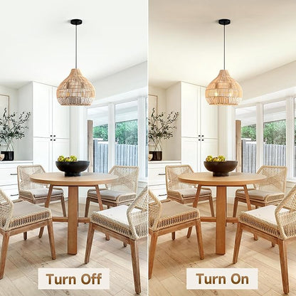 Boho Pendant Lights Kitchen Island 14.6in White Rattan Chandelier Beachy Wicker Dining Room Light Fixtures Woven Hanging Ceiling Lighting for Bedroom Breakfast Nook Restaurants Foyer Corridor