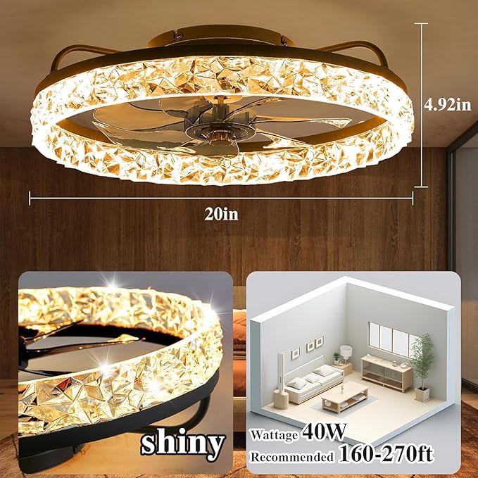 DIAMONDFORGE Ceiling Fans with Remote and Lights Fandelier - Modern Low Profile - 20'' Flush Mount Ceiling Fans for Bedroom,6 Speeds and Stepless Color Temperature- Crystal and Black