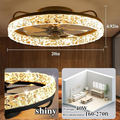 DIAMONDFORGE Ceiling Fans with Remote and Lights Fandelier - Modern Low Profile - 20'' Flush Mount Ceiling Fans for Bedroom,6 Speeds and Stepless Color Temperature- Crystal and Black