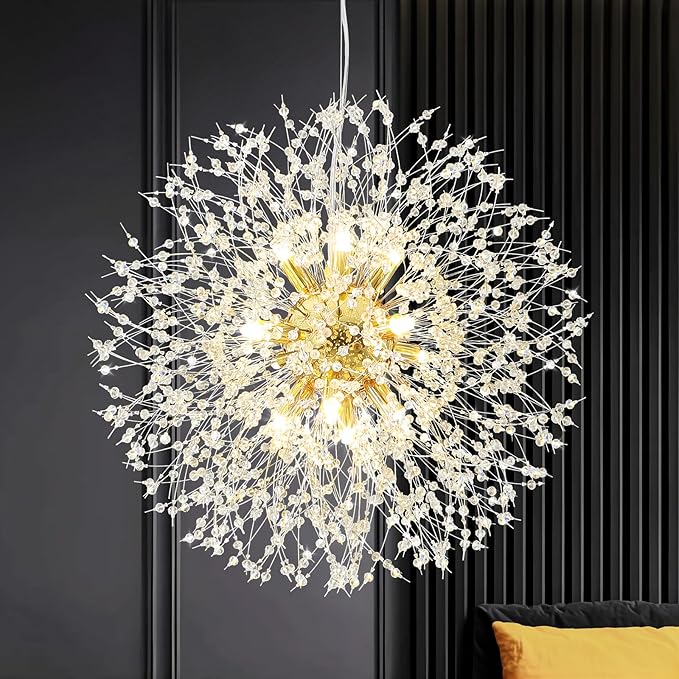 Modern Firework Gold Crystal Chandeliers, Sputnik Dandelion Chandelier Light Fixture Pendant Lighting for Dining Room, Living Room, Bedroom, Kitchen, Restaurant- 12 Lights