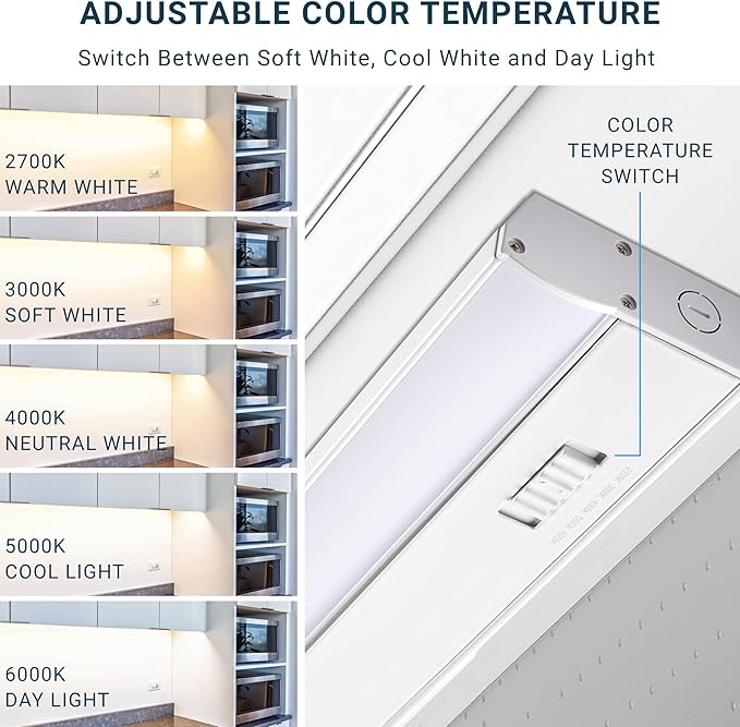 PARMIDA LED Under Cabinet Lighting, Hardwired Installation, 10 Inch, 6.5W, 5CCT Color Selectable - 2700K/3000K/4000K/5000K/6000K, ETL Listed, 120V, Dimmable, 450 Lumens, White Finish