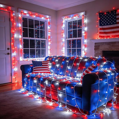BrizLabs RGB String Lights, Color Changing Red White Blue Patriotic Lights, 100 LED 33ft USB Mini Christmas Light String Dimmable, Remote Twinkle Fairy Light Clear Wire for Xmas Halloween Party Room