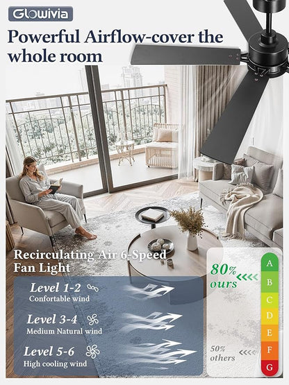 52 Inch Ceiling Fan with Lights and Remote, Smart APP Control, Dimmable with All-Setting Memory, Quiet DC Motor Reversible Blades, Damp Rated Modern Ceiling Fan for Bedroom Patio Living Room