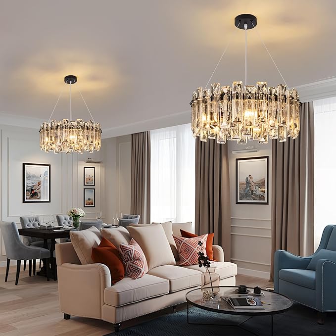 Modern Luxury K9 Crystal Chandelier 5-Lights Round Pendant Light Easy Install Ceiling Hanging Light Fixture for Dining Living Room Kitchen Island Entryway Foyer D15.8 Black