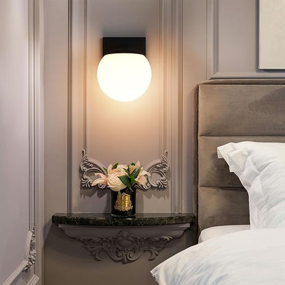 Textured Black Wall Sconce Light, Modern Sconces Wall Lighting, 1 Light Globe Bathroom Vanity Lighting with Opal Glass Shade, Wall Light for Bedroom Bathroom Living Room Entryway Hallway