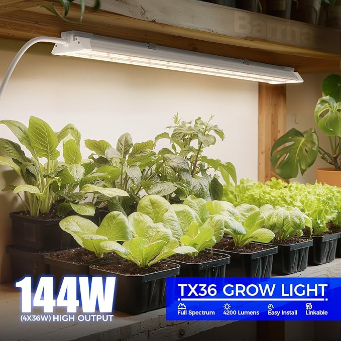 Barrina TX36 2FT LED Grow Light, 144W(4 x 36W, 800W Equivalent), High PPFD, Full Spectrum, Mechanical Timer, Hanging Plant Lights for Indoor Growing, Seedlings with On/Off Switch, Linkable, 4 Packs