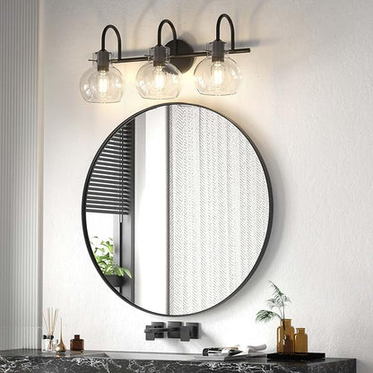 Black Vanity Light, Modern 3 Light Bathroom Light Fixtures Over Mirror Matte Black Bathroom Vanity Light with Globe Glass Shade, E26 Base, 17 Inch, UL Listed