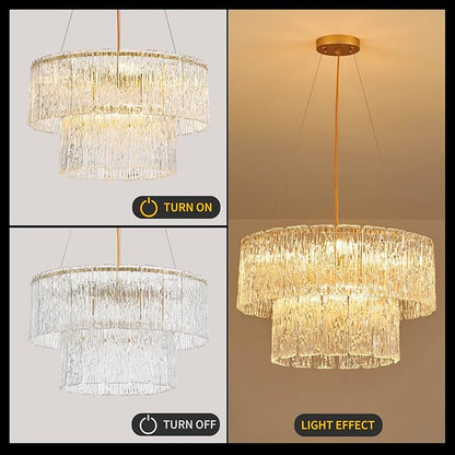 20" Crystal Chandelier Modern Gold Glass Chandeliers 2-Tier Round Elegant Luxury Lighting 6-Light Drum Crystal Chandelier for Dining Room Kitchen Restaurant Foyer Bedroom Living Room