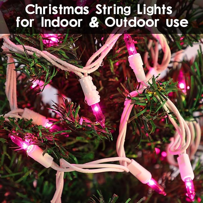 TIGOMOOV Pink Mini Christmas String Lights, 21ft 100 Count Incandescent Lights with White Cord, Plug in Pink Fairy Lights for Christmas Tree Valentine's Day Bedroom Wedding Indoor Outdoor Home Decor