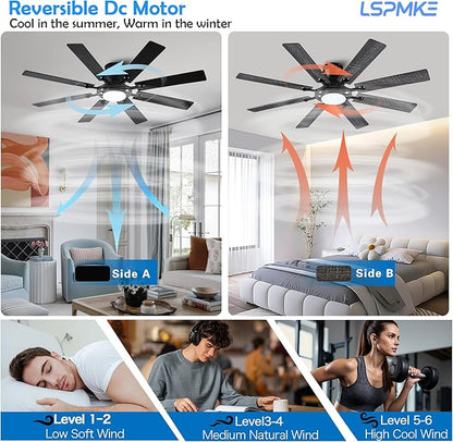 Ceiling Fans with Lights, 54 inch Low Profile Ceiling Fan with Light and Remote Control, Flush Mount Ceiling Fan for Bedroom, Living Room, Reversible, 3CCT, Dimmable, Noiseless DC Motor, Black