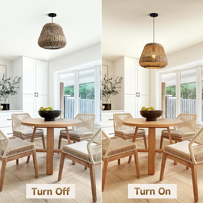 Brown Rattan Pendant Light 13.8in Farmhouse Woven Chandelier Rattan Lights Fixture Over Island Rustic Wicker Hanging Ceiling Lighting for Dining Room Kitchen Bedroom Entryway Restaurant Bar
