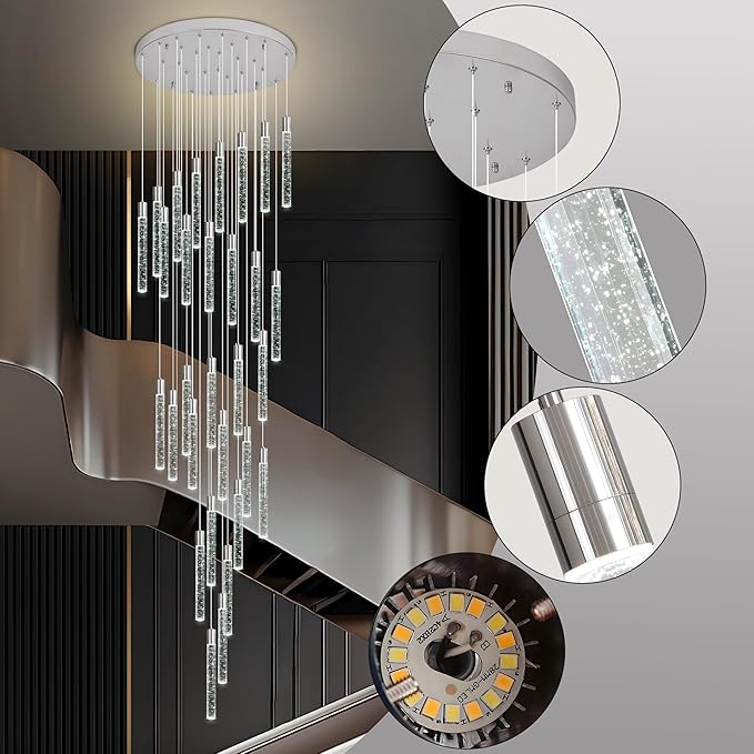 30-Lights Bubble Chandelier for Entryway High Ceiling-196 Height Adjustable Crystal Chandelier,3 Color Temperature Dimmable LED Pendant Light Fixture for Foyer Living Room Staircase,Chrome