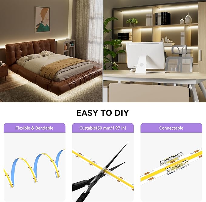 MIWISE COB LED Strip,4000K Natural White 32.8ft/10m,Dimmable Super Bright 24V LED Strip Light,CRI 90+ Flexible Tape Light with RF Remote Timer Function,for Home/Cabinet/Bedroom/TV DIY Lighting Project