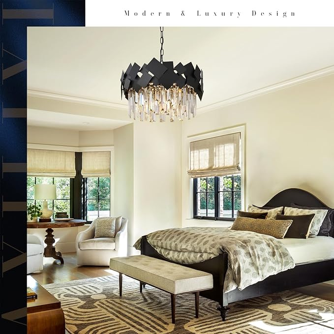 A AXILIXI Modern Crystal Chandelier Black Round Chandelier for Dining Room, Drum Pendant Light Fixture 7-Light 20” Luxury Ceiling Light Contemporary for Entryway Foyer Bedroom
