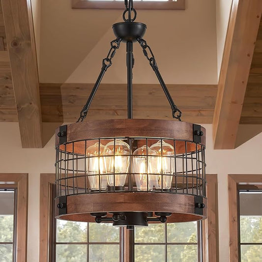4-Light Farmhouse Drum Wood Pendant Light,14.5'' Vintage Rustic Brown Oak Wood Chandeliers,Retro Industrial Hanging Light Fixtures for Dining Room Entryway, Bedroom
