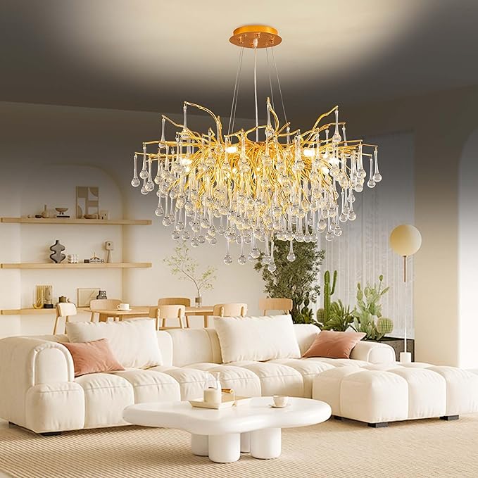 Modern Crystal Raindrop Chandelier, Gold Round Art Deco Tree Branch Lighting Fixture for Dining Room Living Room Foyer 13 Lights D31.5''