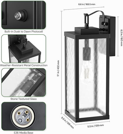 DORESshop Large Size Dusk to Dawn Outdoor Wall Lights, 16 Inch Matte Black Waterproof Anti-Rust Outdoor Light Fixtures Wall Mount with Water Ripple Glass Shade for Porch, Garage, ETL Listed, 2 Pack