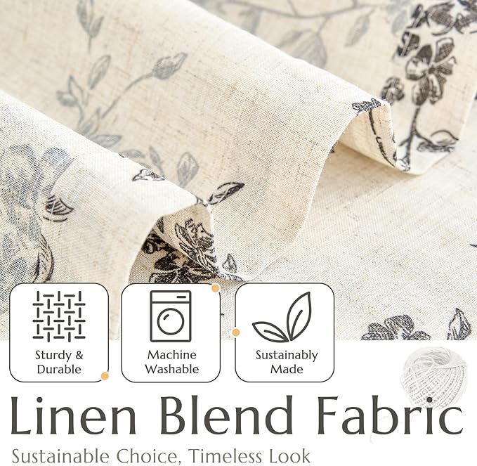 jinchan Floral Linen Kitchen Curtains with Attached Valance 24 Inch Length Farmhouse Cafe Tier Curtains for Living Room Bathroom Rustic Half Window Light Filtering Small Drapes 2 Panels Black