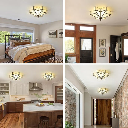 Star Brass Glass Ceiling Light - Small 12 Inch Bronze Black Flush Mount Fixture - Unique Art Deco Vintage Modern Milk Lighting Lights for Bedroom Dining Entry Hall Hallway Outdoor Porch