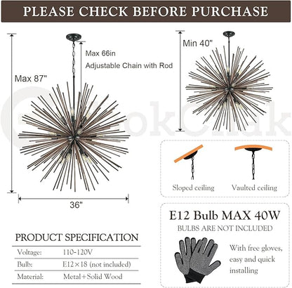 Large Wood Sputnik Chandeliers 18 Light Starburst Chandelier Light Fixture Solid Wood Farmhouse Black Satellite Light Fixture for Living Room Foyer Dining Room Hotal Hall 36in