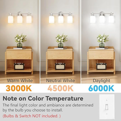 3-Light Bathroom Vanity Light Fixtures, Brushed Nickel Bathroom Wall Sconce, Modern Vanity Light with Milky White Glass Shade Over Mirror, Bathroom, Bedroom, E26 Base, 17 Inch