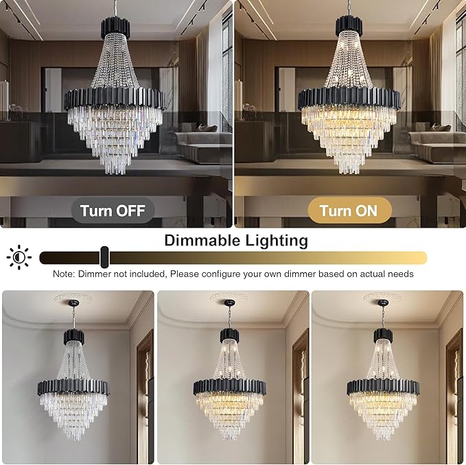 54" Black Large Chandeliers for High Ceilings, 21-Light Modern Crystal Chandelier for High Ceiling Staircase, Foyer, Entryway, Living Room, Hallway, Luxury K9 Crystal Tiered Chandelier Light Fixture