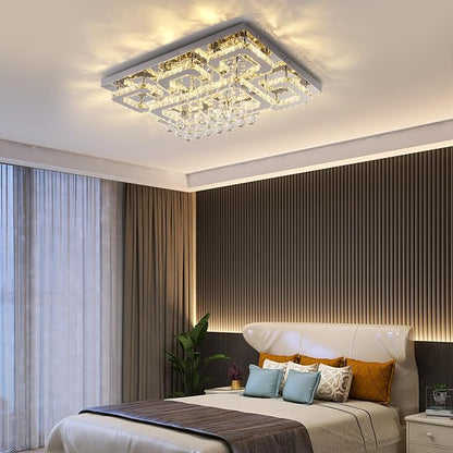 32 inch Flush Mount Chandelier Crystal Ceiling Light with Remote Control/APP,3CCT Dimmable&Brightness Adjustable, Modern Crystal Raindrop Silver Chandeliers for Bedroom Hallway Dinning Room LivingRoom