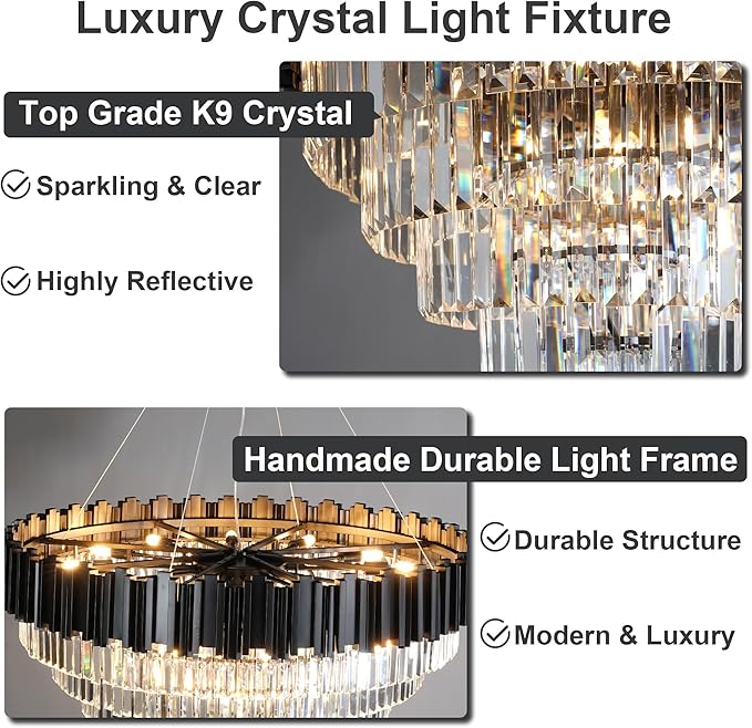 40" Black Chandelier, 21-Light Modern Crystal Chandelier, 7-Tier Round Chandeliers for Dining Room, Living Room, Bedroom, Foyer, Entryway, Kitchen, Restaurant, Luxury Tiered K9 Crystal Light Fixture